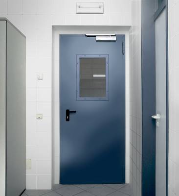 Синяя огнеупорная дверь со стеклом в лечебном учреждении 
