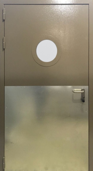 Однопольная противопожарная дверь с круглым стеклом EI 60 RAL 7040 (с отбойником) (05)