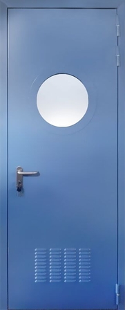 Однопольная противопожарная дверь с круглым стеклом EI 60 RAL 5014 (с вентиляцией) (02)