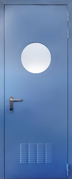 Однопольная противопожарная дверь с круглым стеклом EI 60 RAL 5014 (с вентиляцией) (02)